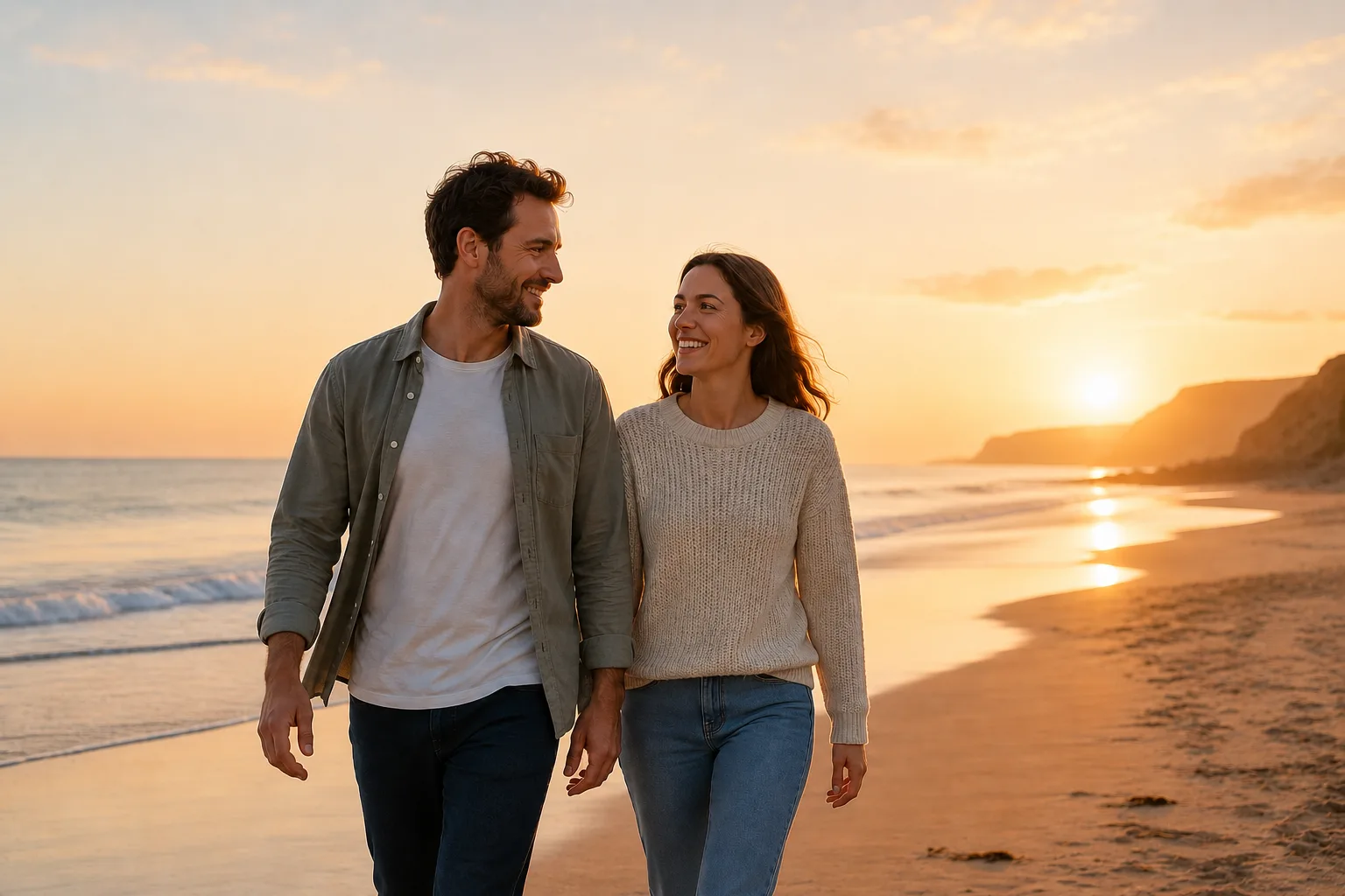 Couple walking together on a beach at sunset